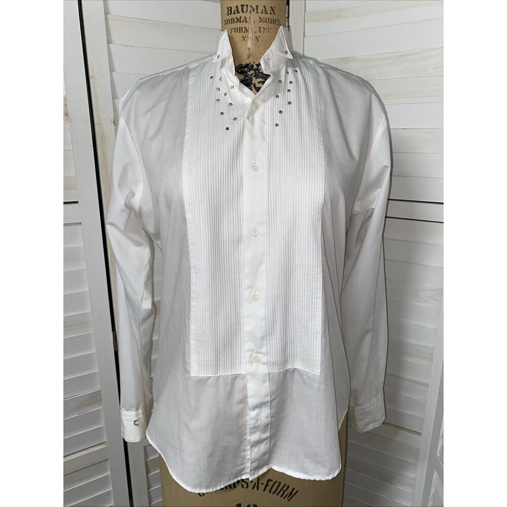 80s Fashion Gear White Tuxedo Shirt Pleated Front Long Sleeve Rhinestone Small